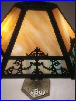 Antique Table Lamp with Carmel & Blue Slag Glass and Ornate Filagree Brass Base