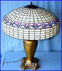 Antique Tiffany Style Leaded Glass Table Lamp with Early Pittsburgh Brass Base