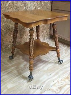 Antique Tiger Oak Parlor Lamp End Side Table with Glass Ball & Claw Feet