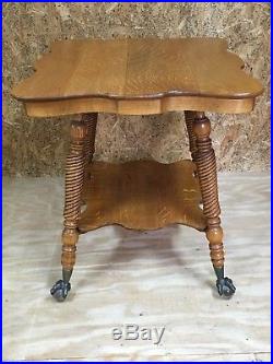 Antique Tiger Oak Parlor Lamp End Side Table with Glass Ball & Claw Feet