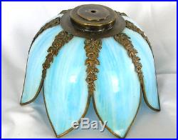 Antique VICTORIAN 25 Cast Iron TABLE LAMP w Blue Slag Glass Shade w 8 panels