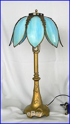 Antique VICTORIAN 25 Cast Iron TABLE LAMP w Blue Slag Glass Shade w 8 panels