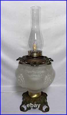 Antique Victorian Embossed Frosted Glass Hurricane Oil Lamp Grapes & Vine GWTW