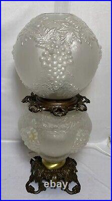 Antique Victorian Embossed Frosted Glass Hurricane Oil Lamp Grapes & Vine GWTW