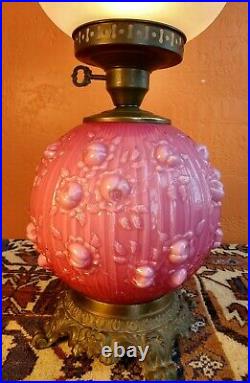 Antique Victorian Fenton Gone with the Wind Pink Hurricane Table Lamp Embossed
