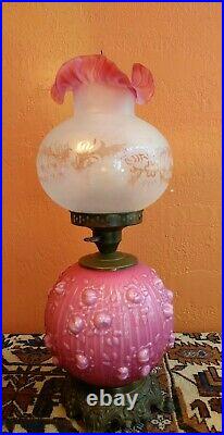 Antique Victorian Fenton Gone with the Wind Pink Hurricane Table Lamp Embossed