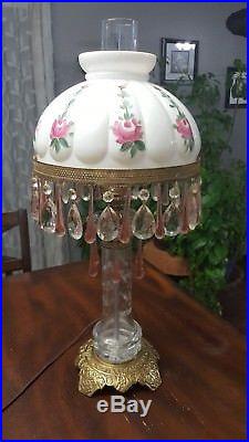 Antique Victorian Hand Painted Floral Table Hurricane Lamp Teardrop Prisms