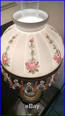 Antique Victorian Hand Painted Floral Table Hurricane Lamp Teardrop Prisms