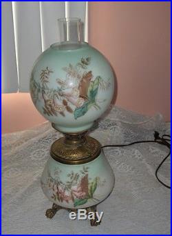 Antique Victorian Oil Lamp Electric Painted Glass Globes Hurricane Lamp Signed