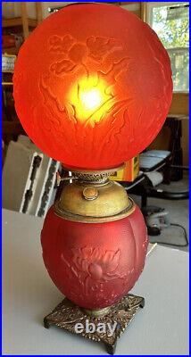 Antique Victorian Red Satin Glass GWTW Converted Oil Lamp
