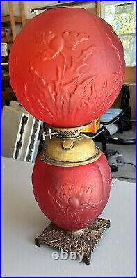 Antique Victorian Red Satin Glass GWTW Converted Oil Lamp