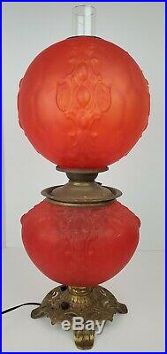 Antique Victorian Red Satin Glass Gone With The Wind Ornate Table Lamp Converted
