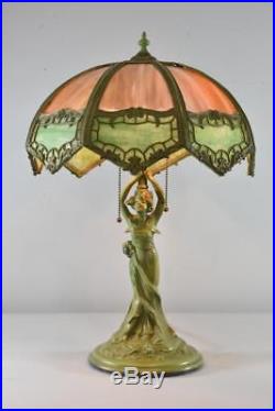 Antique Victorian Style Female Figural Bent Panel Slag Glass Table Lamp