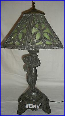 Antique Vintage Art Nouveau Stained Slag Glass Table Lamp & Shade Poul Hornison