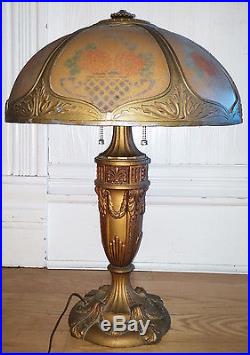 Antique Vtg Cast Metal Table Lamp with Ridged Reverse Printed Floral Panel Shade