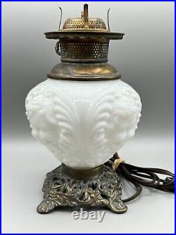 Antique WHITE Milk Glass CHERUB / BABY FACE Converted TABLE OIL LAMP 18 1/2in