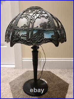 Antique Working 1920's Miller Art Nouveau Blue & White Slag Glass Table Lamp 233