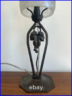 Antique Wrought Iron Art Deco Lamp Signed Mille Frères Luneville Glass Vine 20th