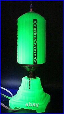 Antique c1930s Houze Uranium Glass Art Deco Dresser Nightstand Boudoir Lamp