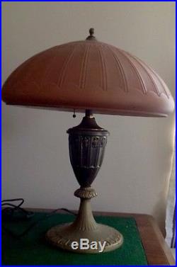 Antique signed Table Lamp Edward Miller 18 Glass Painted Shade orig. Base 1910