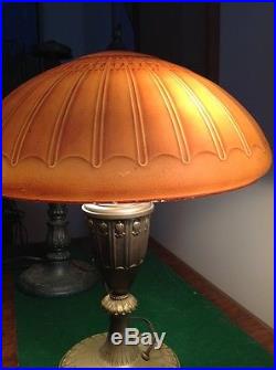 Antique signed Table Lamp Edward Miller 18 Glass Painted Shade orig. Base 1910