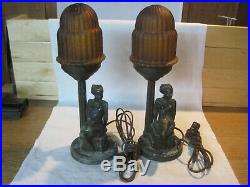 Antique vintage pair Art Deco risque nude woman table top lamps with glass shades