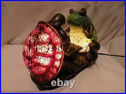 Art Deco Bronze Frog & Tortoise Lamp. Tiffany Crackle Glass Table Side Light. New