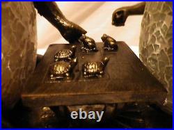 Art Deco Bronze Frog & Tortoise Lamp. Tiffany Crackle Glass Table Side Light. New