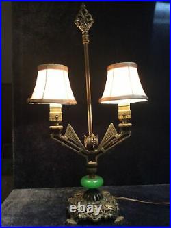 Art Deco Double Table Lamp Peking Glass Silk Shades c1920s
