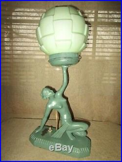 Art Deco Frankart Era Green Nude Lady Figural Lamp With Green Glass Light Shade