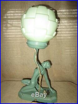 Art Deco Frankart Era Green Nude Lady Figural Lamp With Green Glass Light Shade