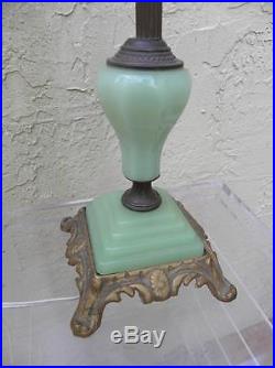 Art Deco Jadeite Green Glass & Brass Table Lamp