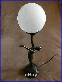 Art Deco Lady Crackle Glass Globe Table Lamp / Bronze Finish Sculpture. New
