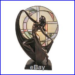 Art Deco Lady Tiffany Stained Glass Table Lamp / Bronze Sculpture