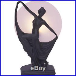 Art Deco Lamp, Black Table Lamp, Round Glass Shade, Lady Holding Skirt