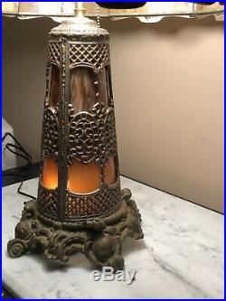 Art Nouveau Antique Lighted Base Slag Glass 8 Panel Table Lamp