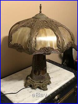 Art Nouveau Antique Lighted Base Slag Glass 8 Panel Table Lamp