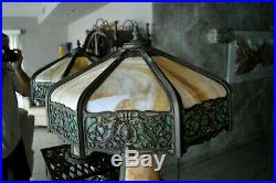 Art Nouveau Antique Lighted Base Slag Glass 8 Panel Table Lamp For Repairs