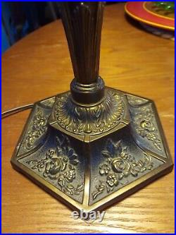 Art Nouveau Slag Glass 6 Panel Ornate Table Lamp with gorgeous lion head base
