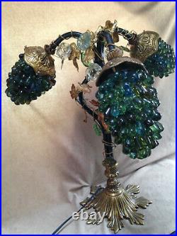 Art Nouveau brass table lamp with 3 hand blown glass grape cluster shades antique