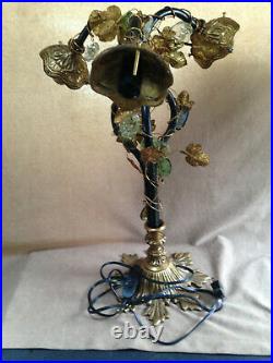 Art Nouveau brass table lamp with 3 hand blown glass grape cluster shades antique
