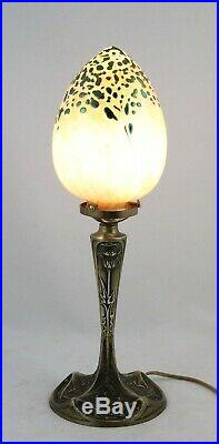 Art Nouveau bronze Table Lamp stand, Leleu France, with iridescent glass shade