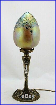 Art Nouveau bronze Table Lamp stand, Leleu France, with iridescent glass shade