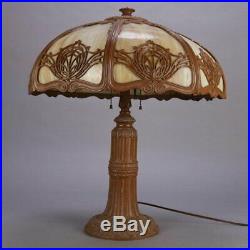 Arts & Crafts Bradley & Hubbard School Slag Glass Panel Table Lamp, circa 1920