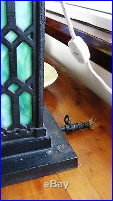 Arts & Crafts Mission Iron GAS FLAME Table/Newel Lamp Stained Glass Shade Base