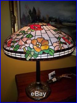 Arts & Crafts, Nouveau Handel Era Floral Leaded Slag Glass Lamp Hollyhock c1910