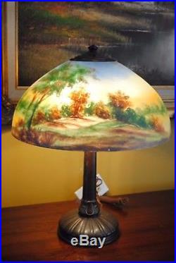 Arts&Crafts, Nouveau, Signed Handel Reverse Painted Art Glass Table Lamp