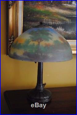 Arts&Crafts, Nouveau, Signed Handel Reverse Painted Art Glass Table Lamp
