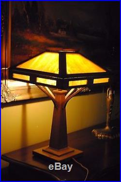 Arts & Crafts Stickley, Mission, Brown, Craftsman Era Oak Stained Slag Glass Lamp