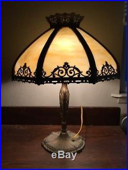 Awesome Antique Arts & Crafts Table Lamp Cream Beige Bent Slag Glass Shades